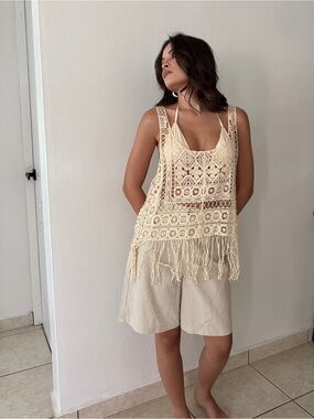 Rebellion Cream Crochet Fringe Tank Top